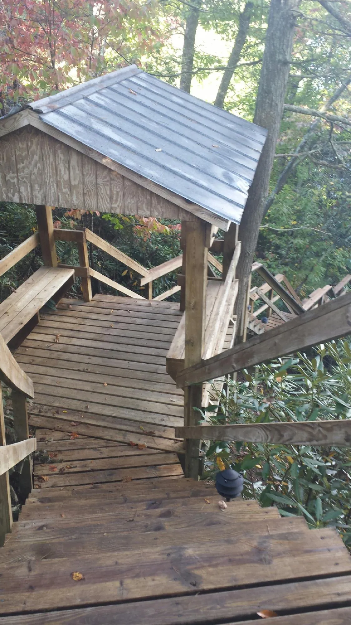 Metal roofed shelter over wooden steps on a wooded walkway — Skylight Repair & Installation work by our crew in Kenmore
